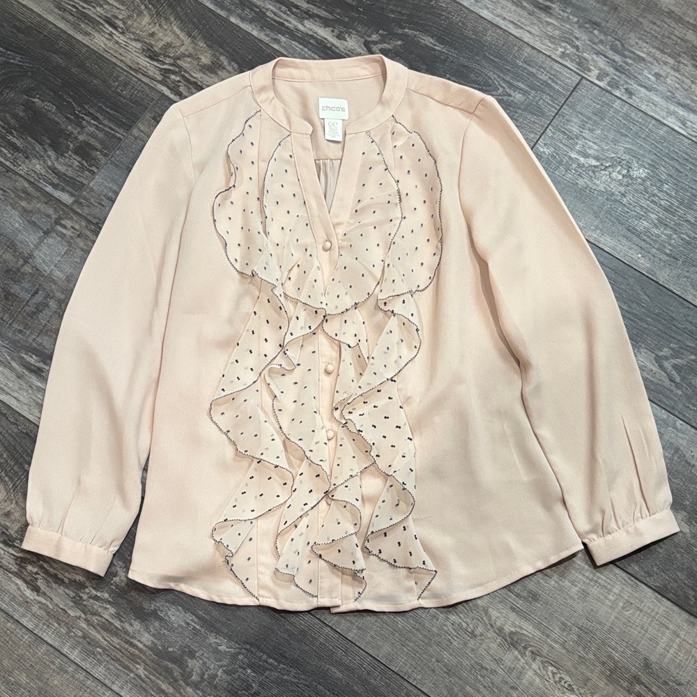 Chico's OP Petite Light Blush Pink Ruffle Polka-Dot Front Blouse